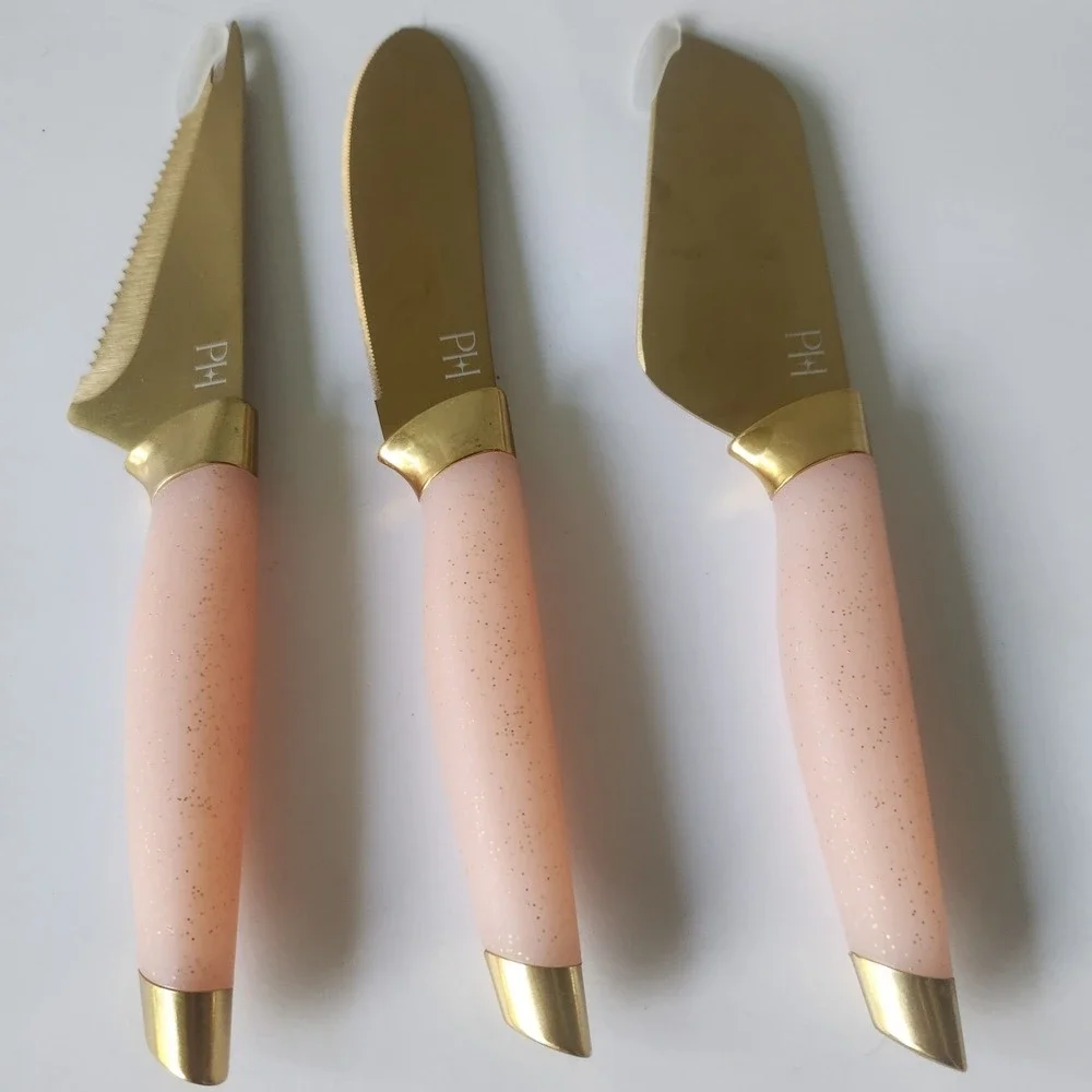 Paris Hilton 3 Piece Cheese Cutlery Set Gold Tone Blush Pink Glitter Handles PH